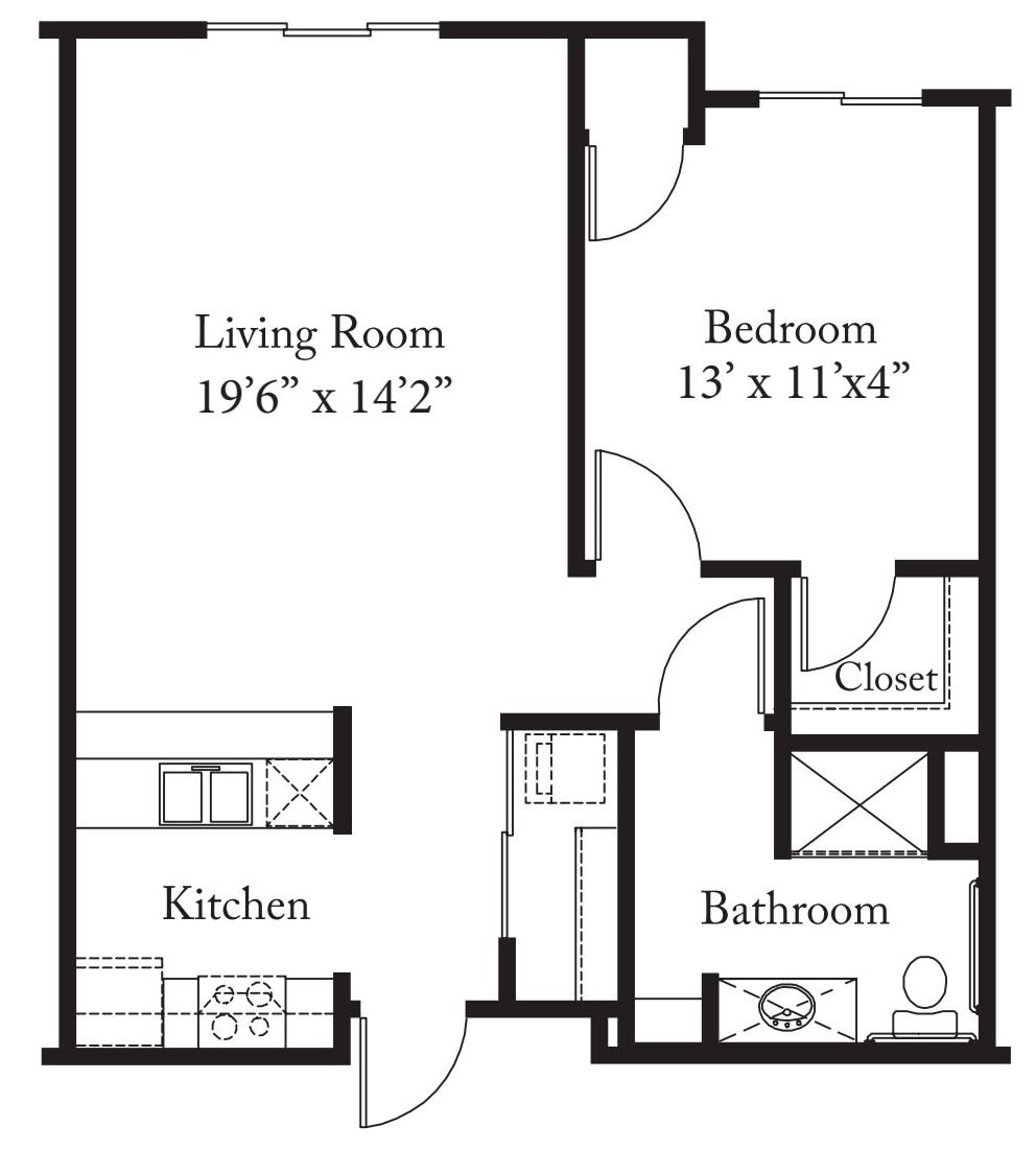 A floor plan layout of a one-bedroom apartment featuring a living room, kitchen, bathroom, and closet.