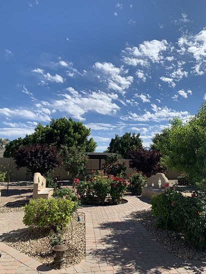 A beautifully landscaped garden under a partly cloudy sky.