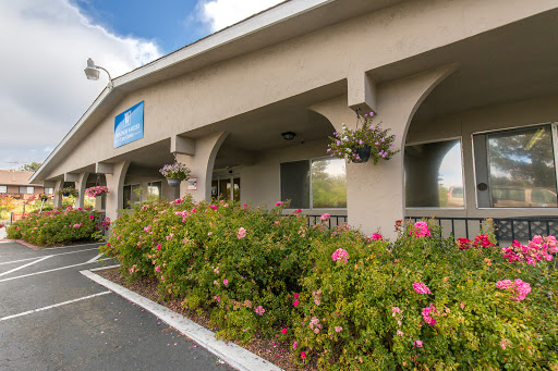 A welcoming hotel entrance framed by vibrant flowers and a well-maintained landscape.