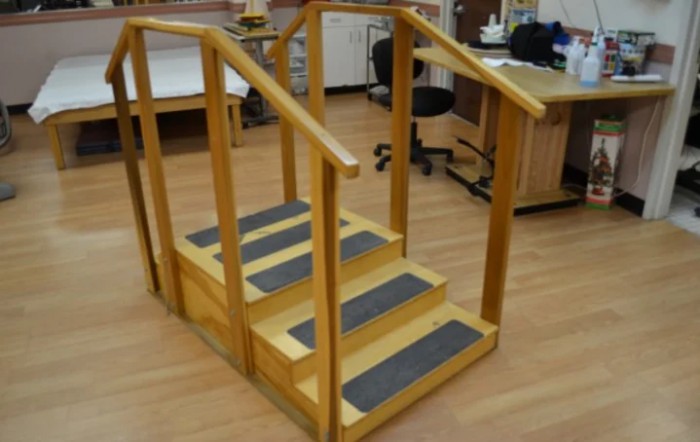 A set of indoor rehabilitation stairs used for physical therapy exercises.