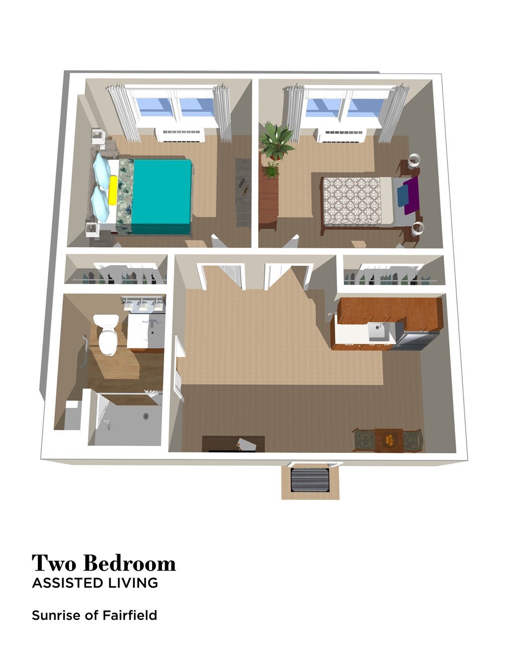A 3D floor plan of a two-bedroom apartment.