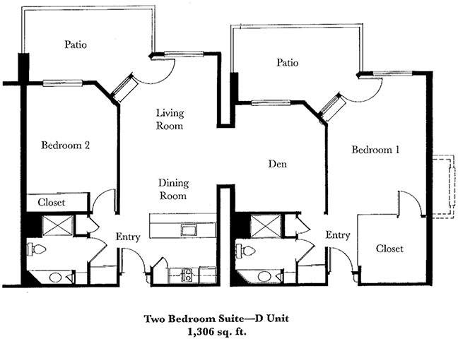 A floor plan for a two-bedroom suite, labeled as D Unit, covering 1,200 sq. ft.