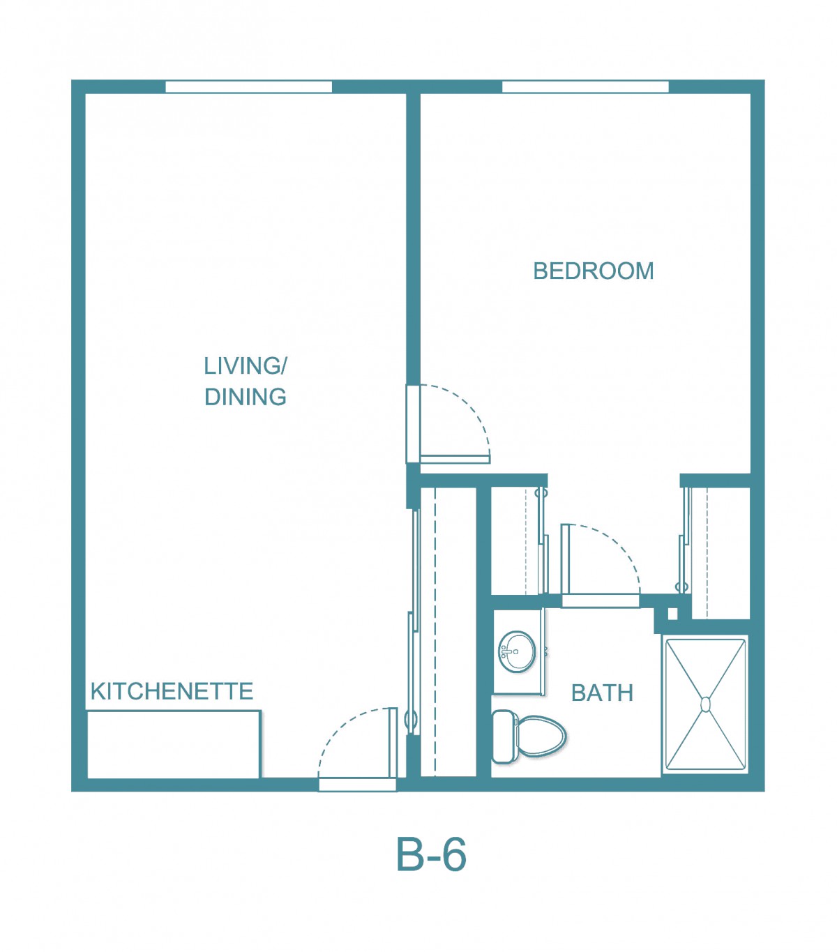 A simple one-bedroom apartment floor plan with a kitchenette, living/dining area, and bathroom.