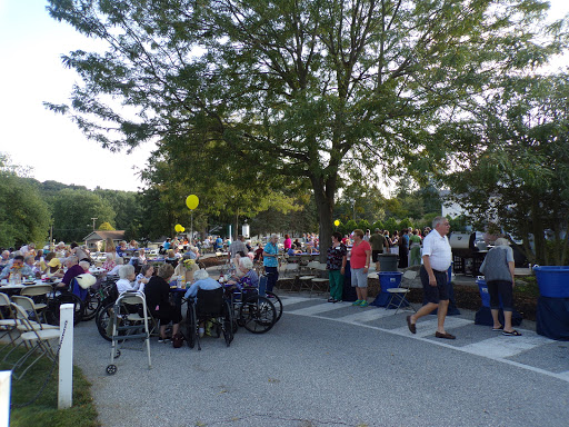 A lively community gathering taking place outdoors, with people enjoying a summer evening under the trees.