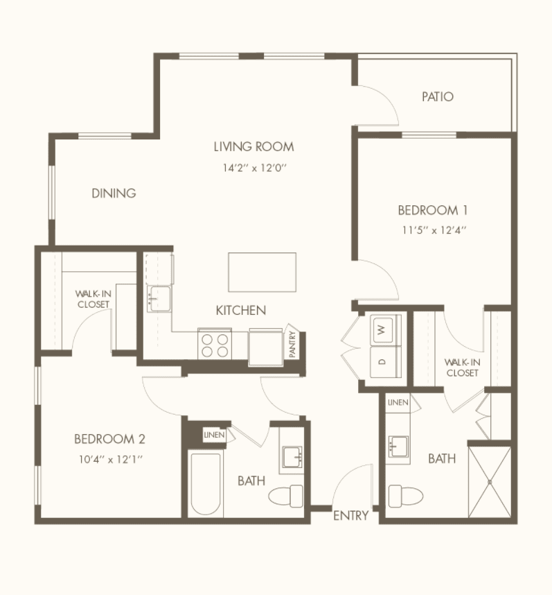 Floor plan of a two-bedroom apartment with living room, kitchen, and bathrooms.