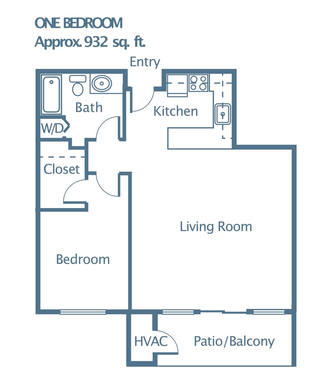 A floor plan of a one-bedroom apartment approximately 932 square feet, featuring a living room, kitchen, bathroom, bedroom, closet, and patio/balcony.