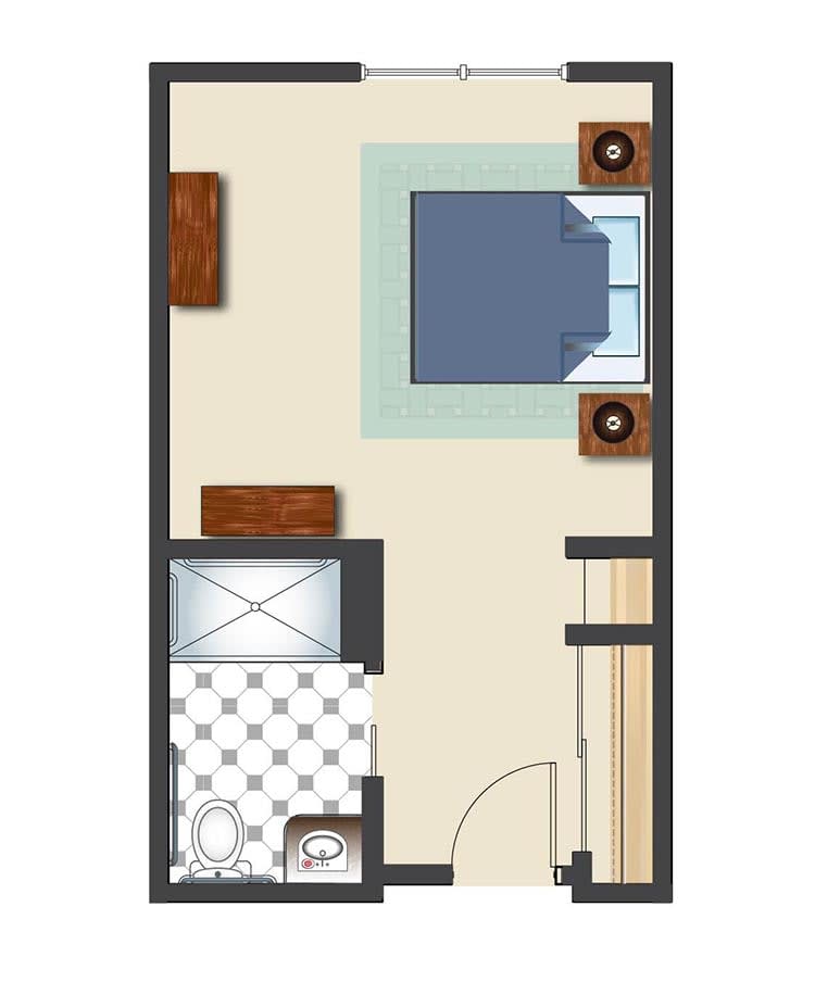 Floor plan of a compact studio apartment featuring a bedroom and bathroom.