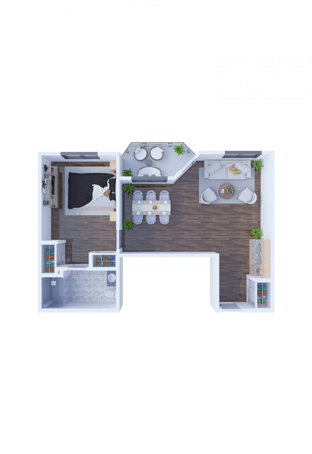 A detailed floor plan of a modern one-bedroom apartment showcasing furniture layout.