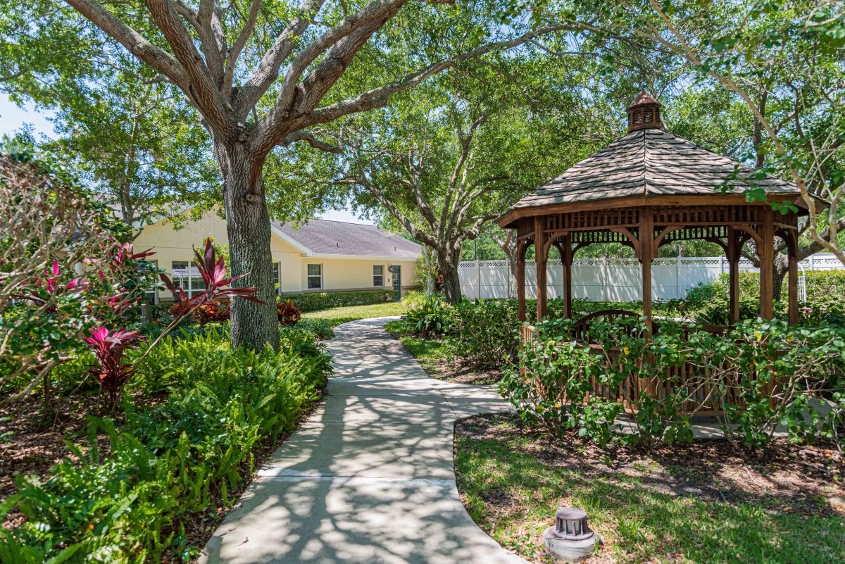 A serene garden pathway leading to a wooden gazebo, surrounded by lush greenery and trees.