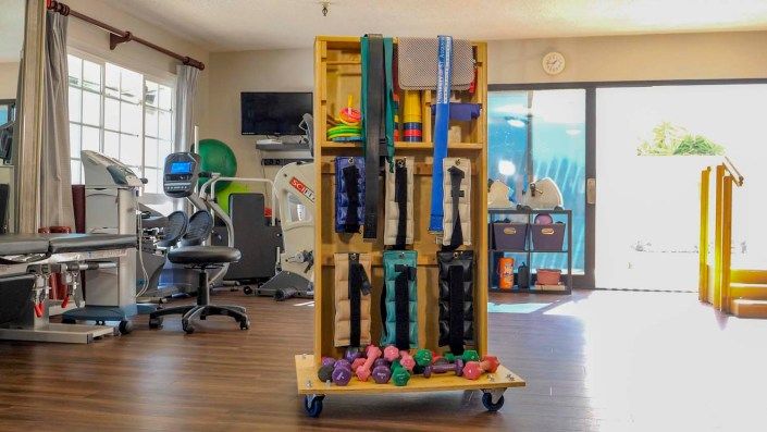 A neatly organized collection of gym equipment, including resistance bands and dumbbells, in a fitness room.