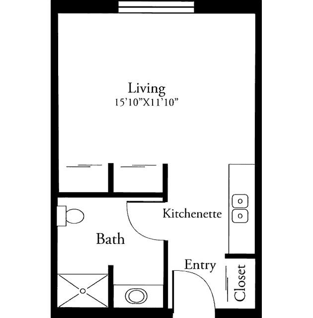 Studio apartment floor plan with a living area, kitchen, bath, and closet.