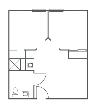 A basic floor plan layout with a bathroom and two separate spaces.