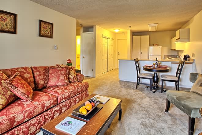 Cozy apartment living room with a red sofa, coffee table, dining area, and kitchen in the background.