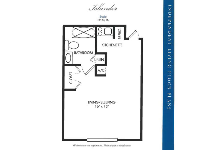 Studio apartment floor plan with kitchenette and bathroom.