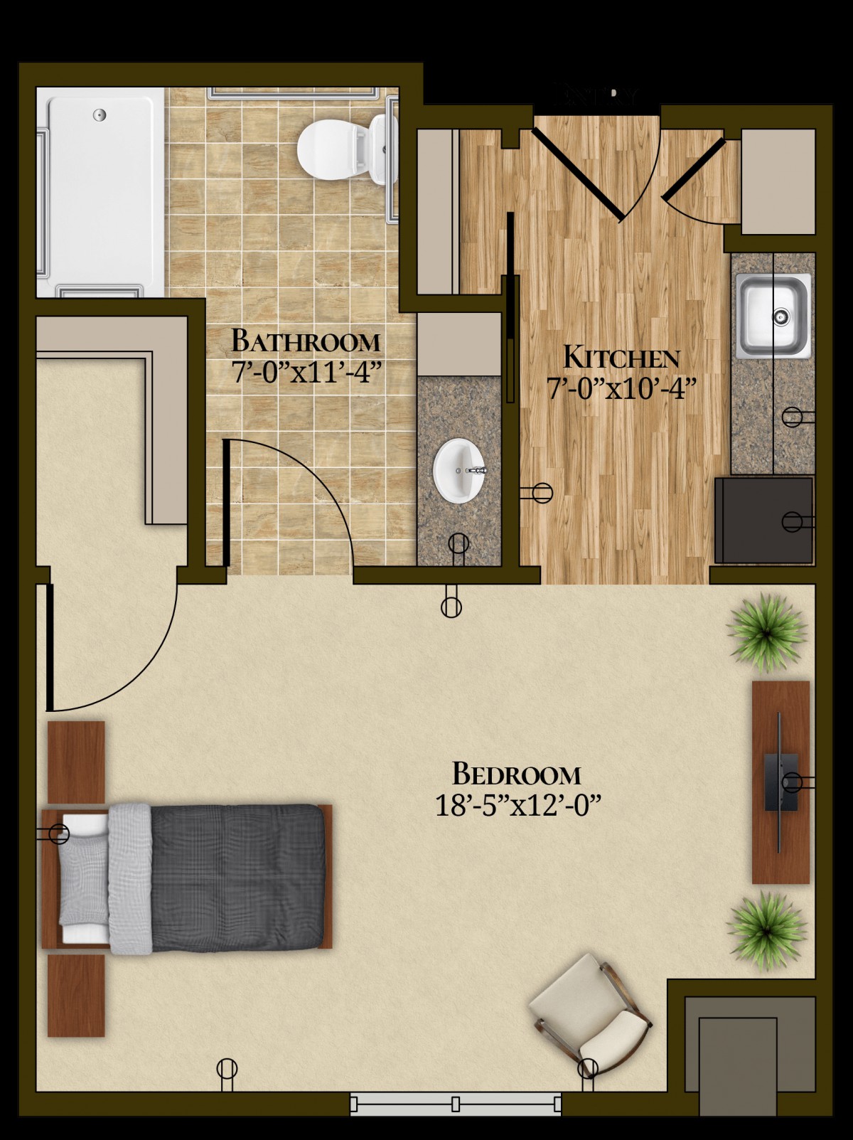 This image shows a one-bedroom apartment floor plan, featuring a bedroom, bathroom, kitchen, and living area.