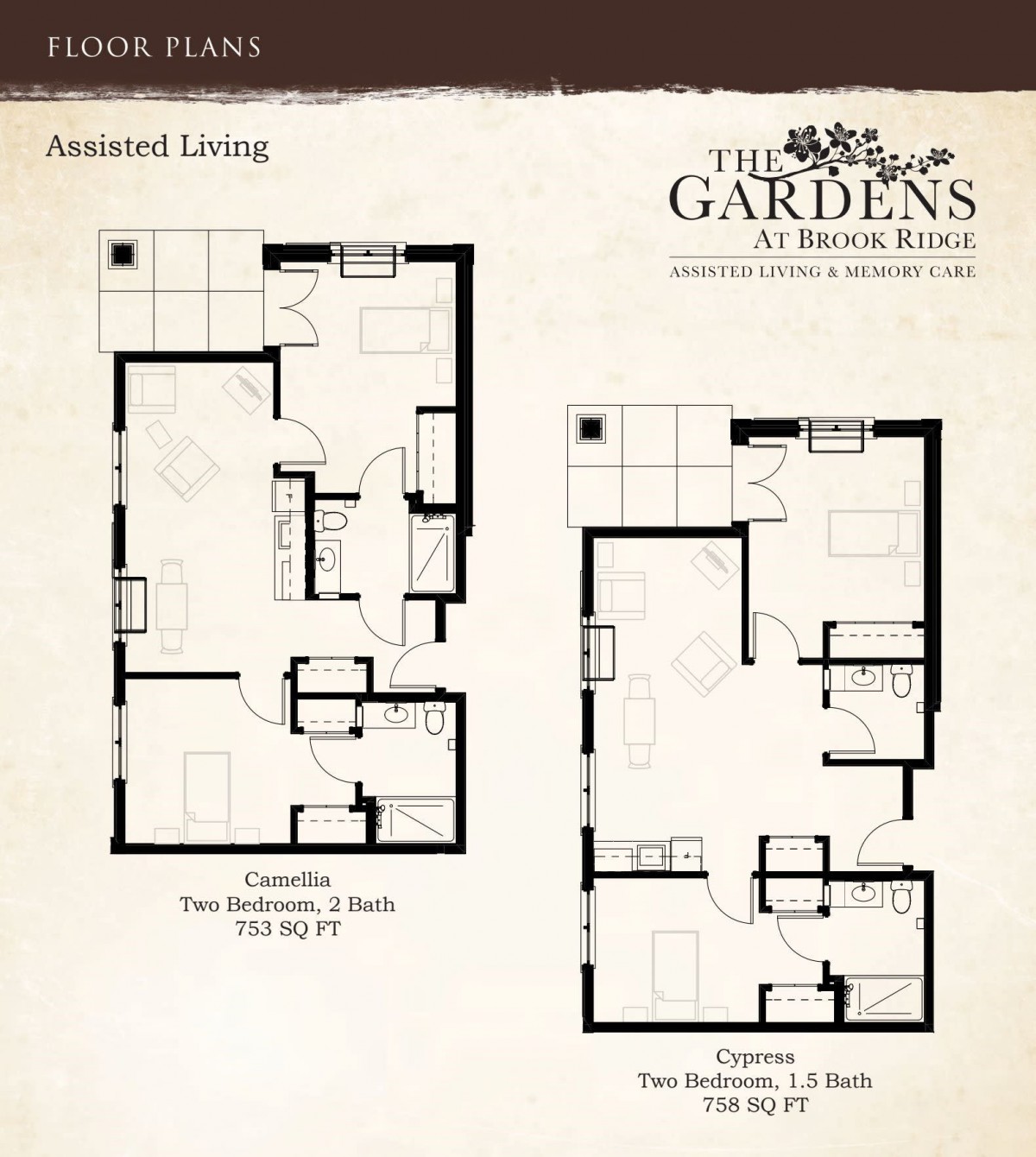 Floor plans for assisted living apartments at The Gardens at Brook Ridge, featuring options for two bedrooms and one bath or two bedrooms and two baths.