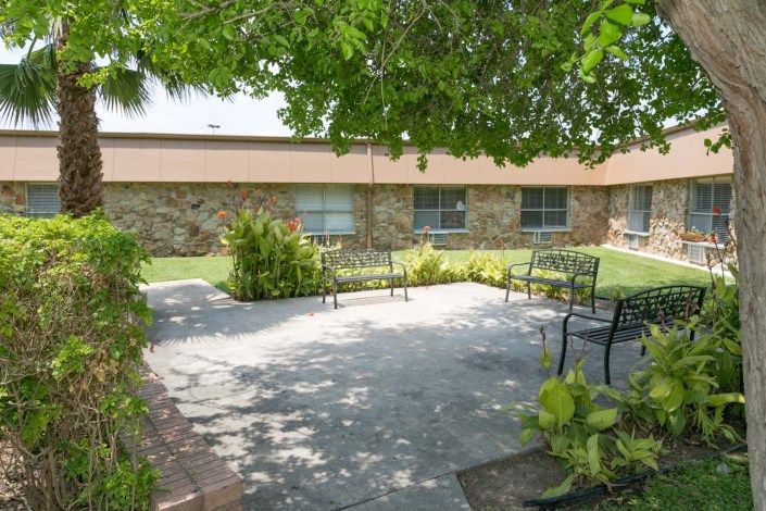 A tranquil outdoor garden area with benches shaded by trees.