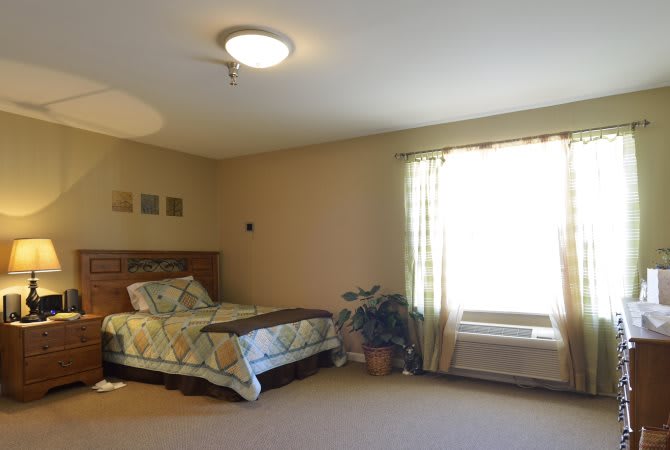 A cozy bedroom featuring a single bed, large window with curtains, and an indoor plant.
