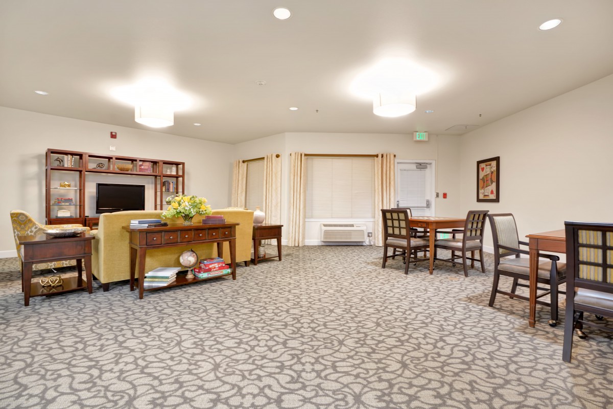 A well-lit living room with comfortable seating, a television, and a patterned carpet.