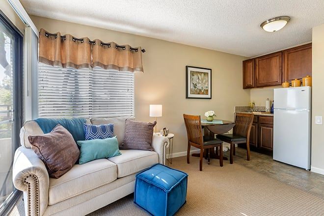 Cozy living and dining area with a sofa, colorful cushions, and a small dining set adjacent to the kitchenette.