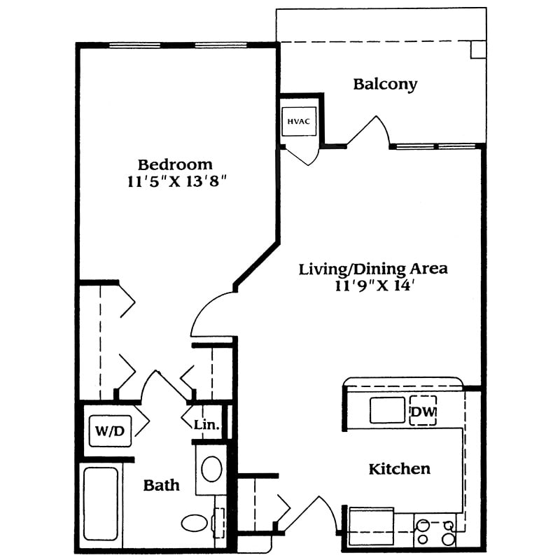 A floor plan of a one-bedroom apartment featuring a living/dining area, kitchen, bathroom, and balcony.