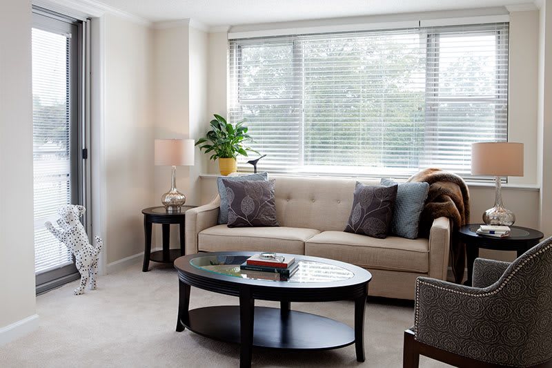 A cozy living room featuring a beige sofa, a round coffee table, and an indoor plant by the window.