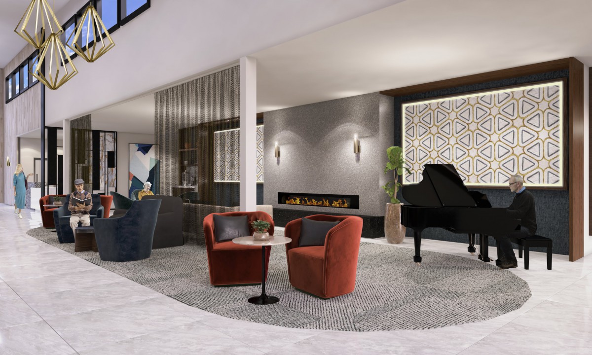 A modern lobby with stylish furniture, a fireplace, and a grand piano.