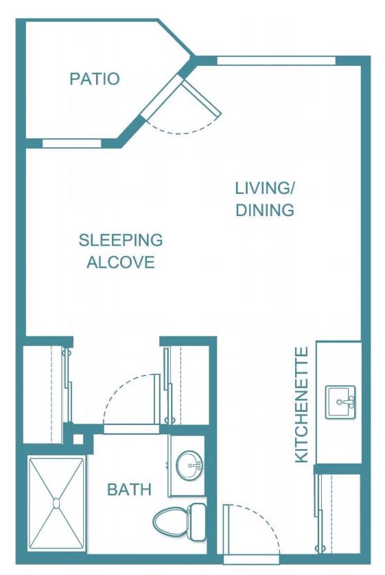 Studio apartment layout with a sleeping alcove and kitchenette.