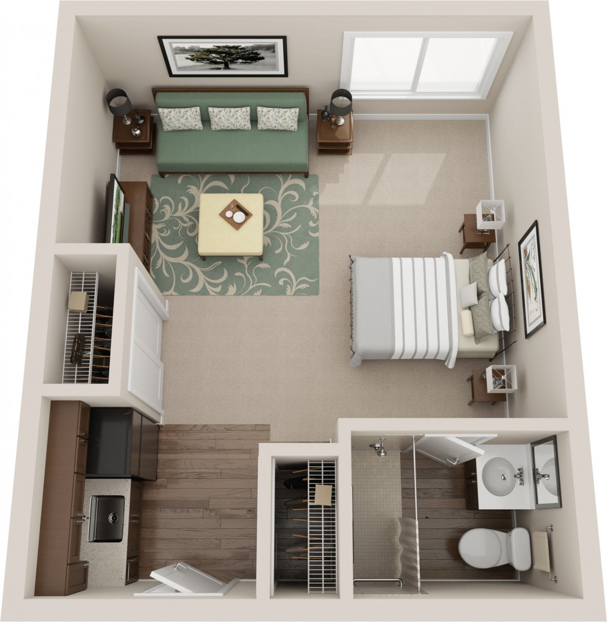 A 3D floor plan of a compact studio apartment featuring a bedroom, kitchen, and bathroom.
