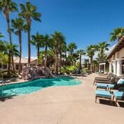 A luxury resort pool surrounded by palm trees under a clear blue sky.