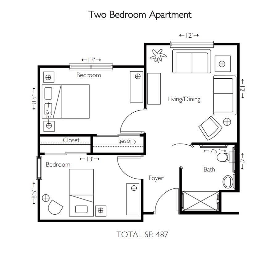 Floor plan of a two-bedroom apartment with labeled rooms and dimensions.