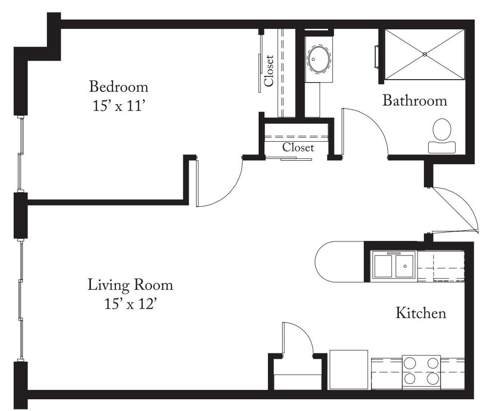 Floor plan of an apartment with a bedroom, bathroom, living room, and kitchen.