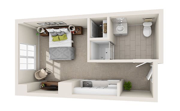 A top-down view of a small studio apartment floor plan with designated areas for sleeping, living, and a bathroom.