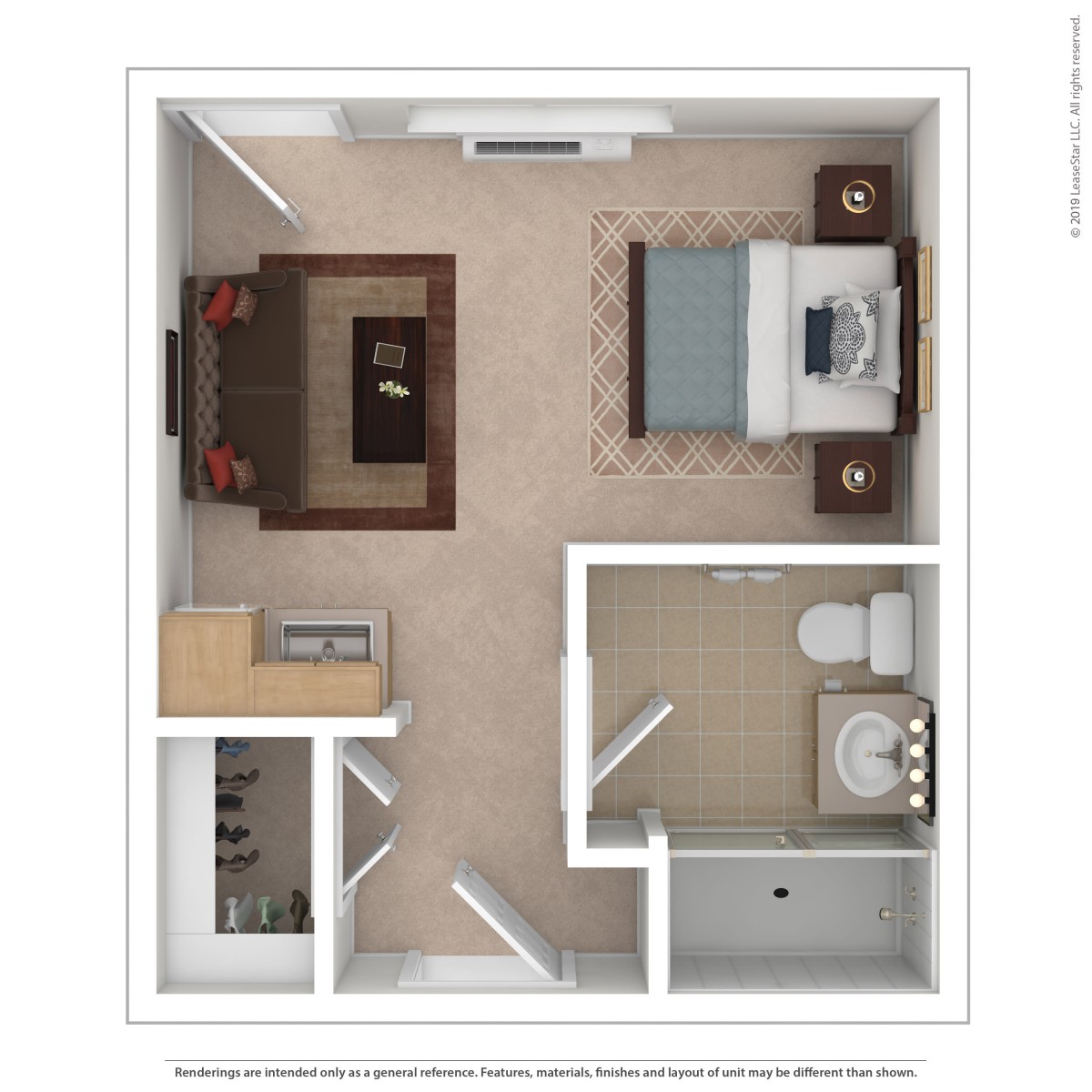 A floor plan of a one-bedroom apartment with a living room, kitchen, and bathroom.