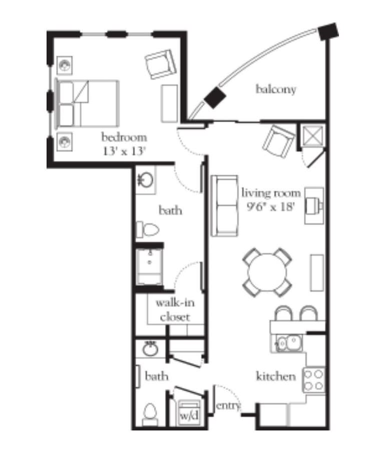 A detailed floor plan of a one-bedroom apartment with kitchen, living room, and balcony.