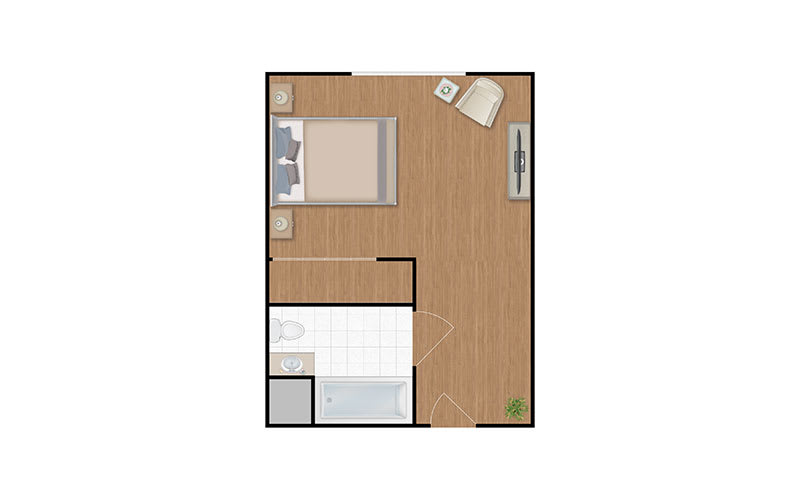 Studio apartment floor plan with a defined living area, bedroom space, kitchen, and bathroom.