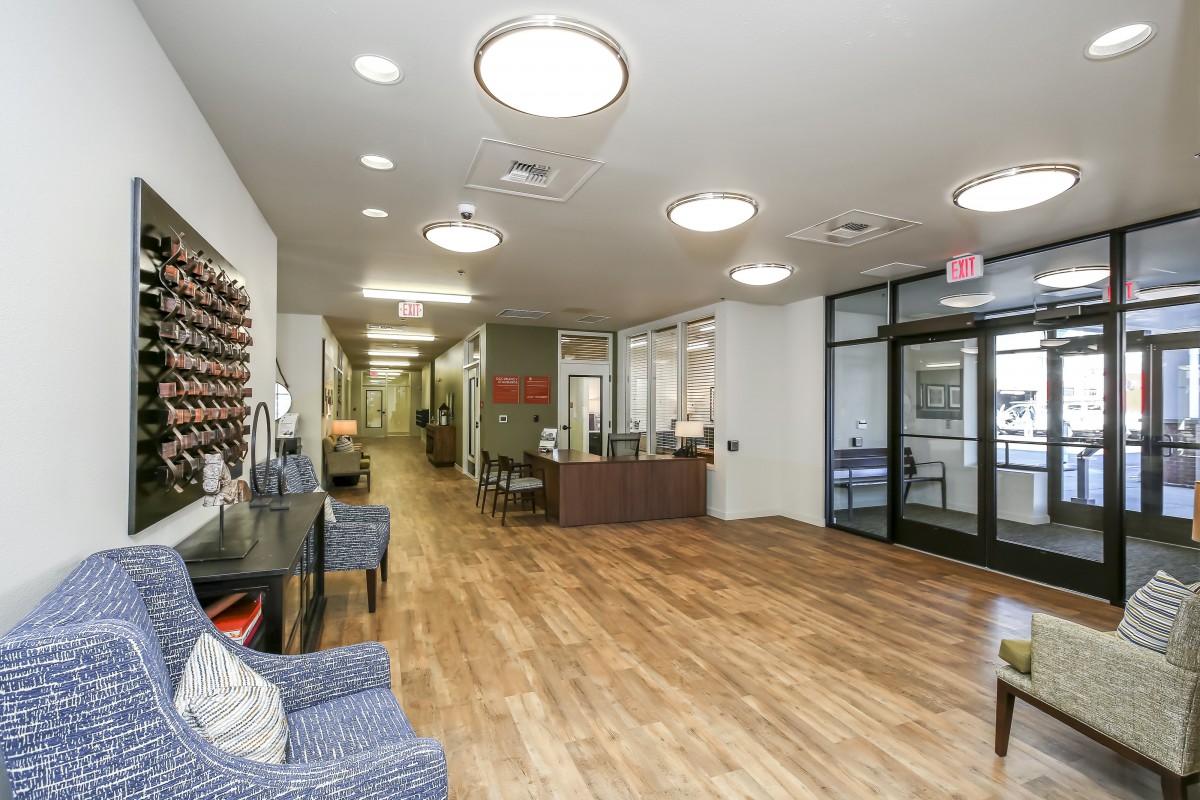 A modern office reception area with a clean and spacious design.