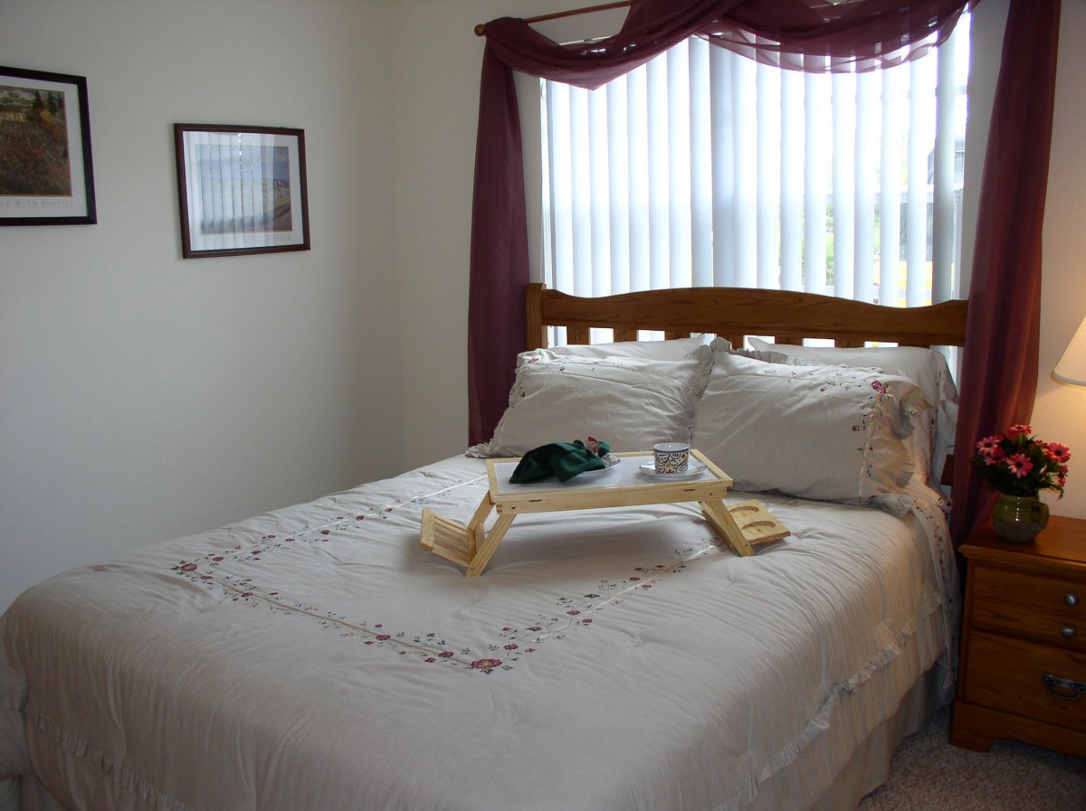A cozy bedroom with a neatly made bed, featuring a tray on top and bright natural light streaming through the window.