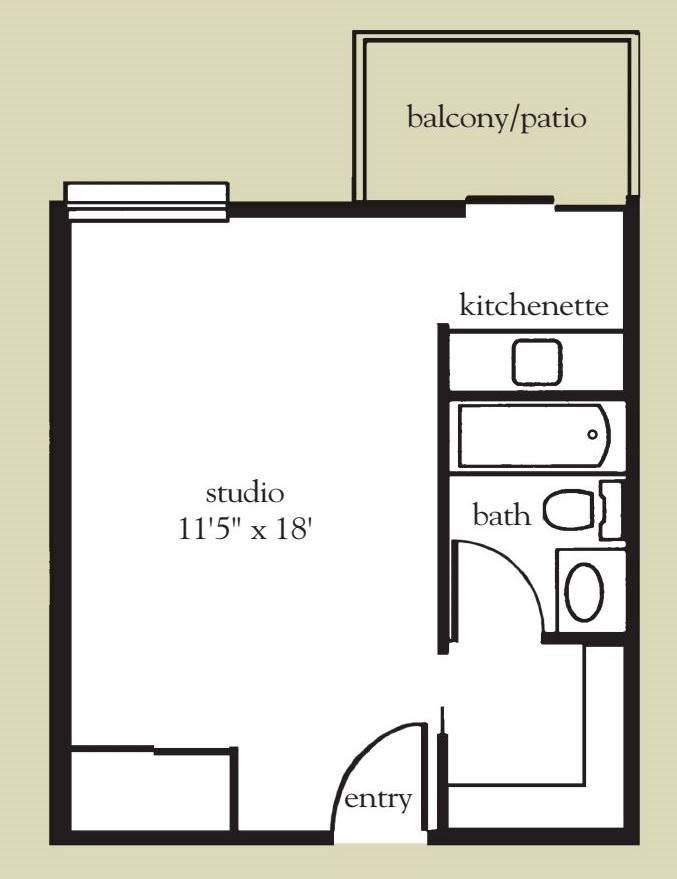 Studio apartment floor plan with a kitchenette and balcony.