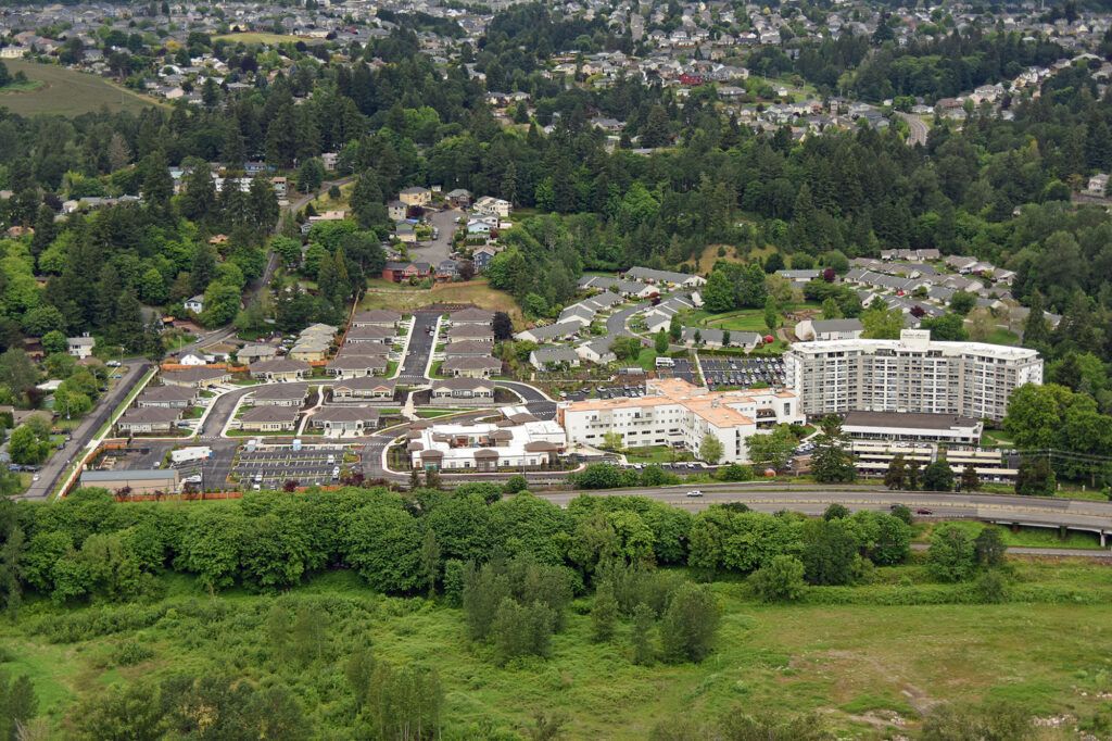 Aerial view of a suburban area with residential buildings surrounded by lush greenery and trees.