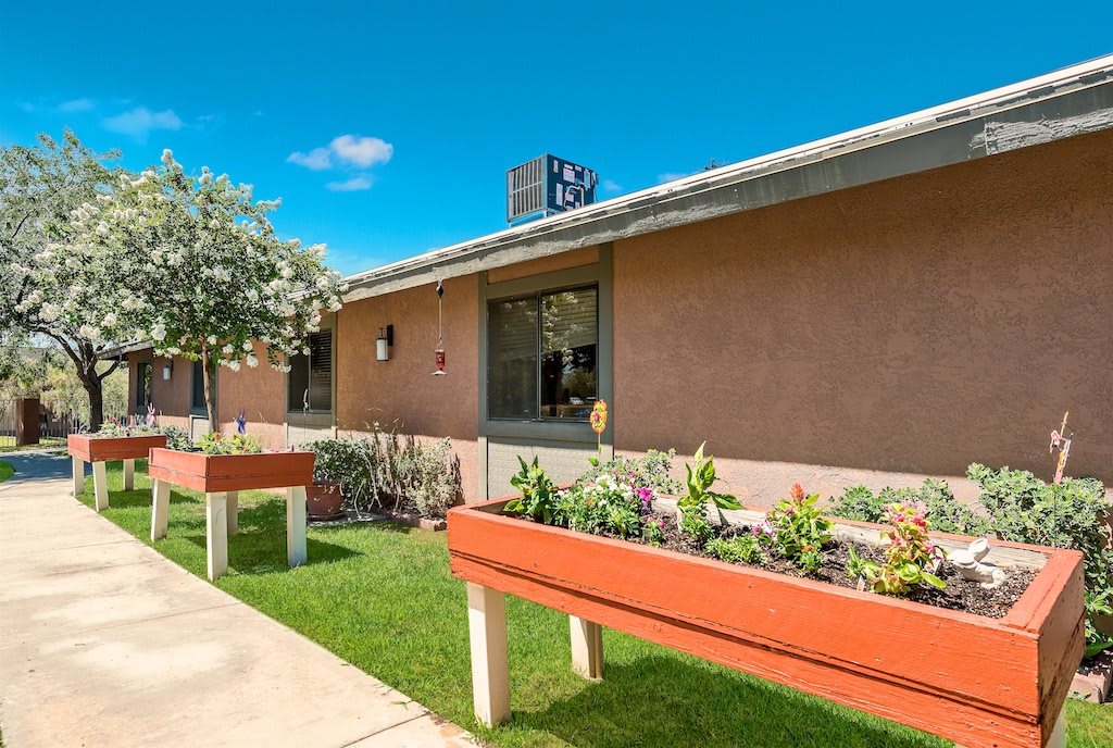 A sunny day view of a building with benches and a flower garden in front.