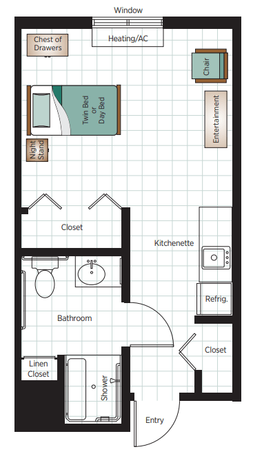 A simple one-bedroom apartment floor plan with a bathroom, kitchenette, and closets.