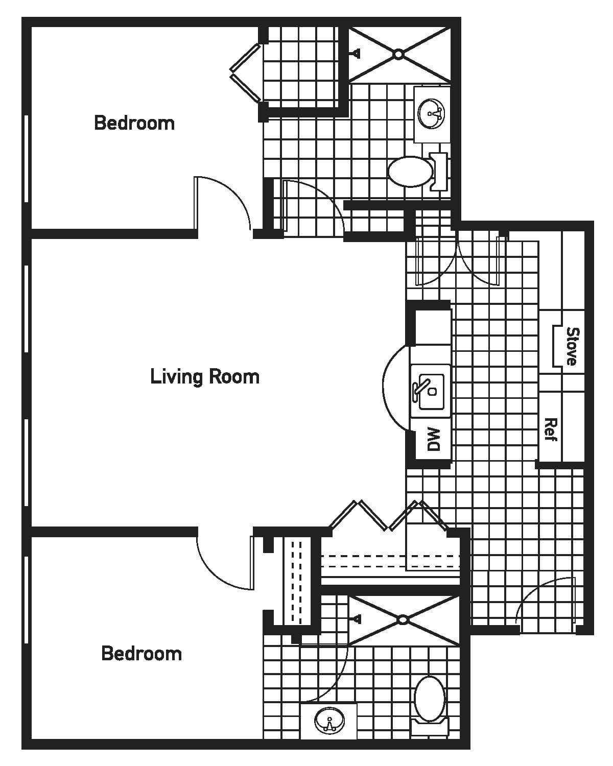 A floor plan of a two-bedroom apartment featuring a living room, kitchen, and bathroom.