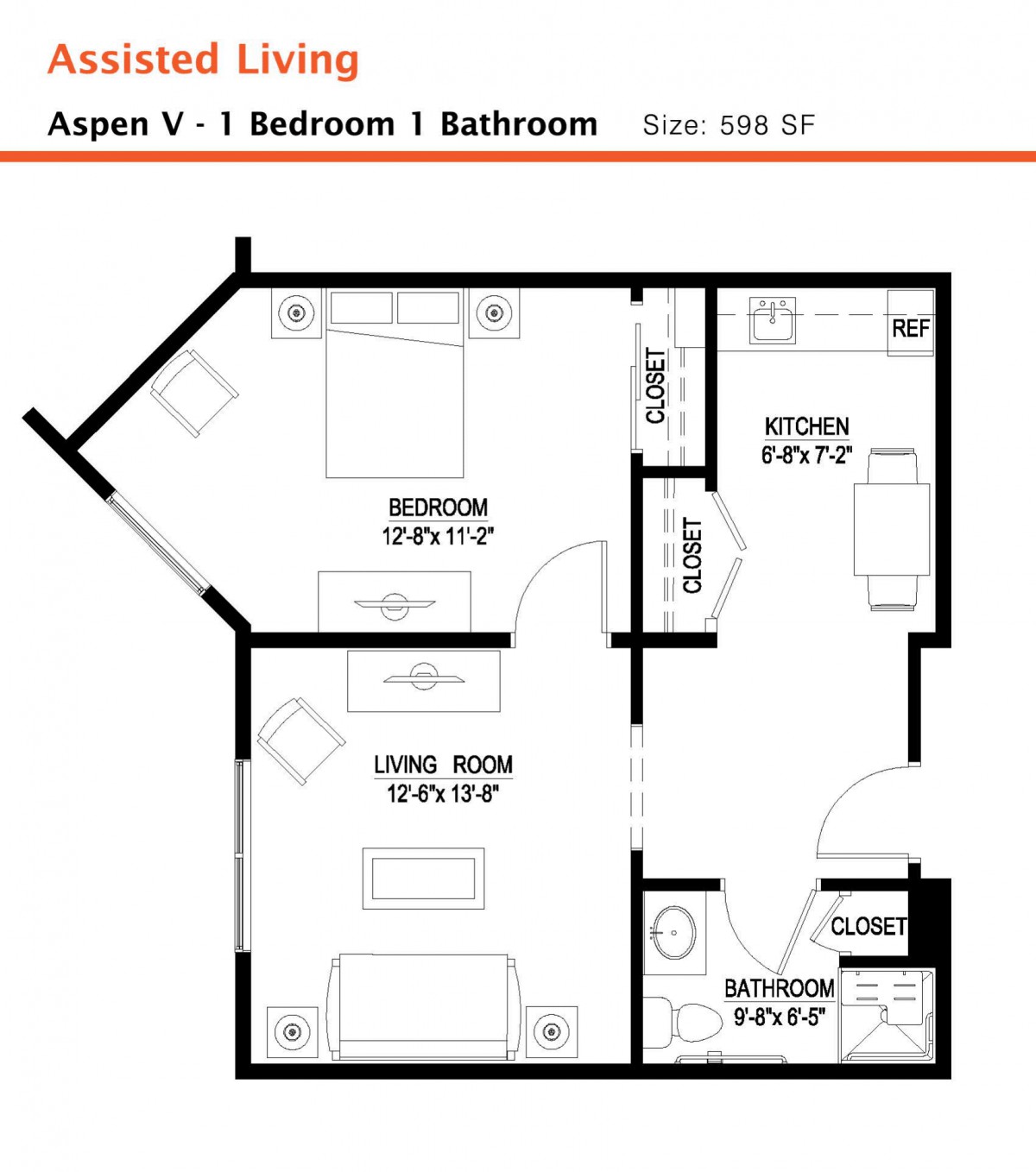 Aspen Y floor plan featuring a 1-bedroom, 1-bathroom layout with a kitchen and living room.