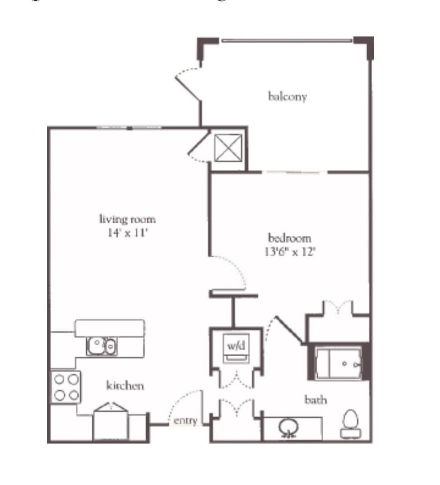 One-bedroom apartment floor plan with a living room, kitchen, bathroom, and balcony.