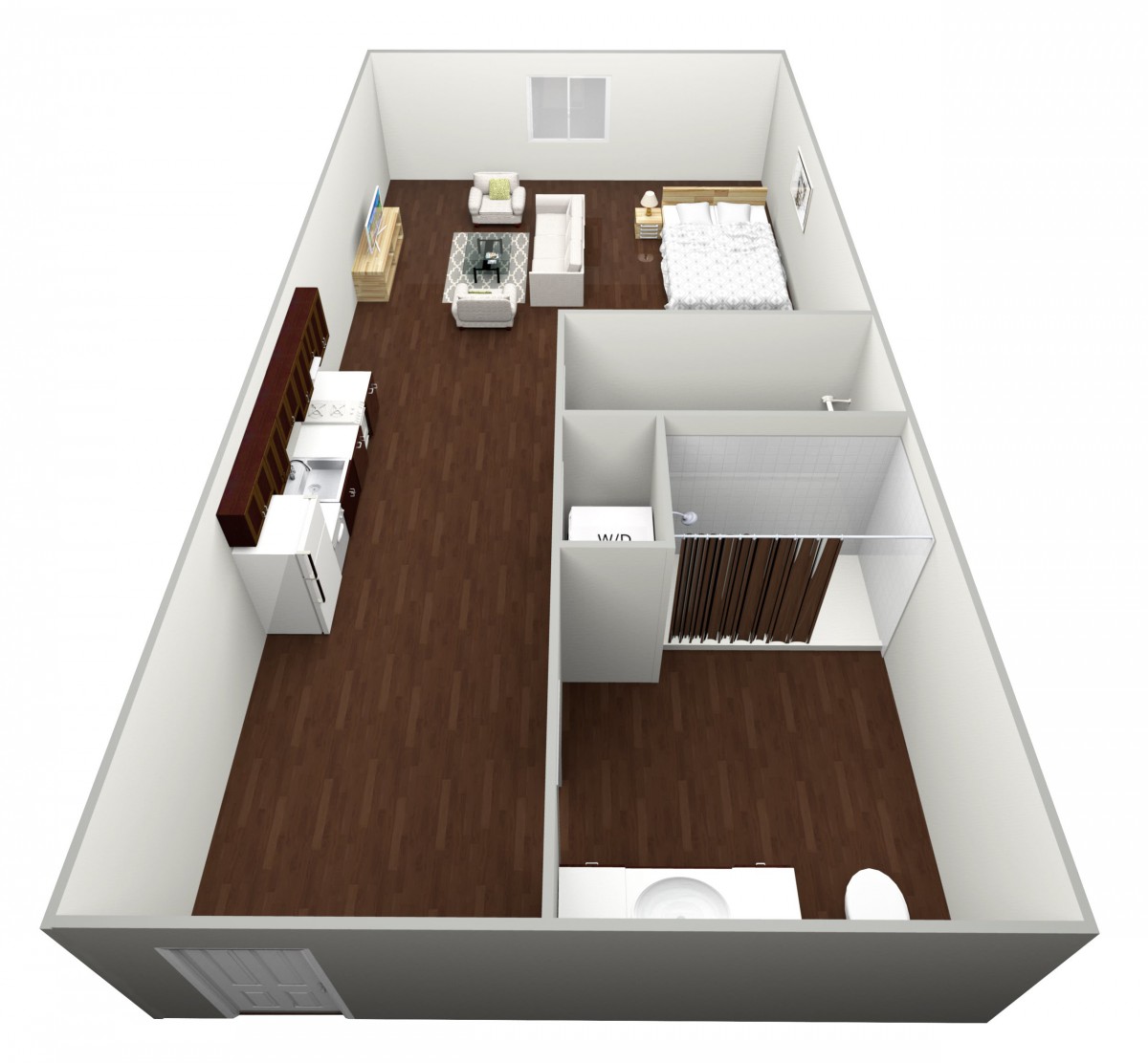 A 3D-rendered floor plan of a compact apartment with a living room, kitchen, bedroom, and bathroom.
