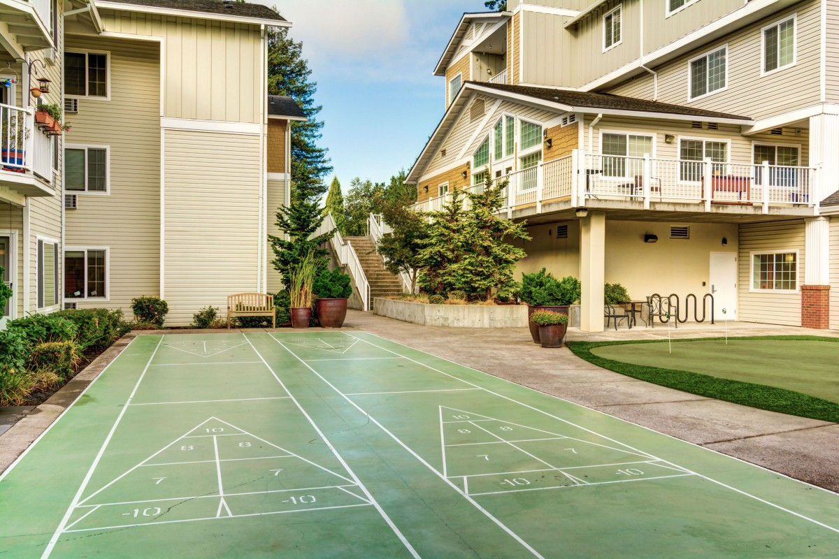 An outdoor shuffleboard court surrounded by residential buildings and greenery.