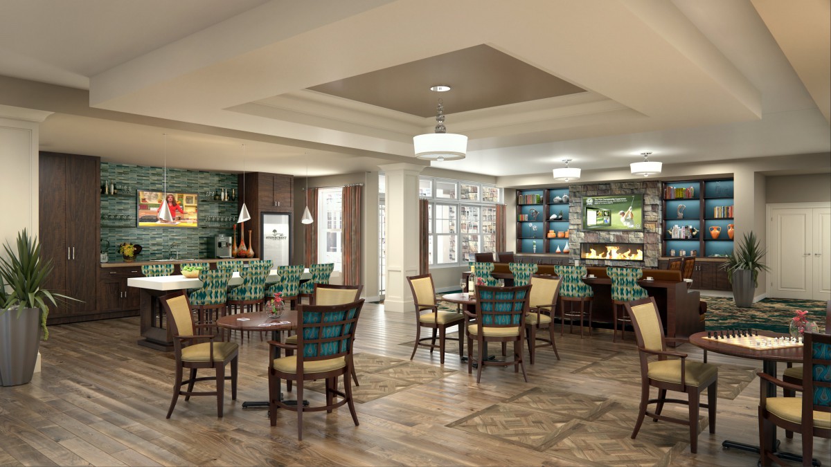 Elegant dining area with stylish seating and bar.