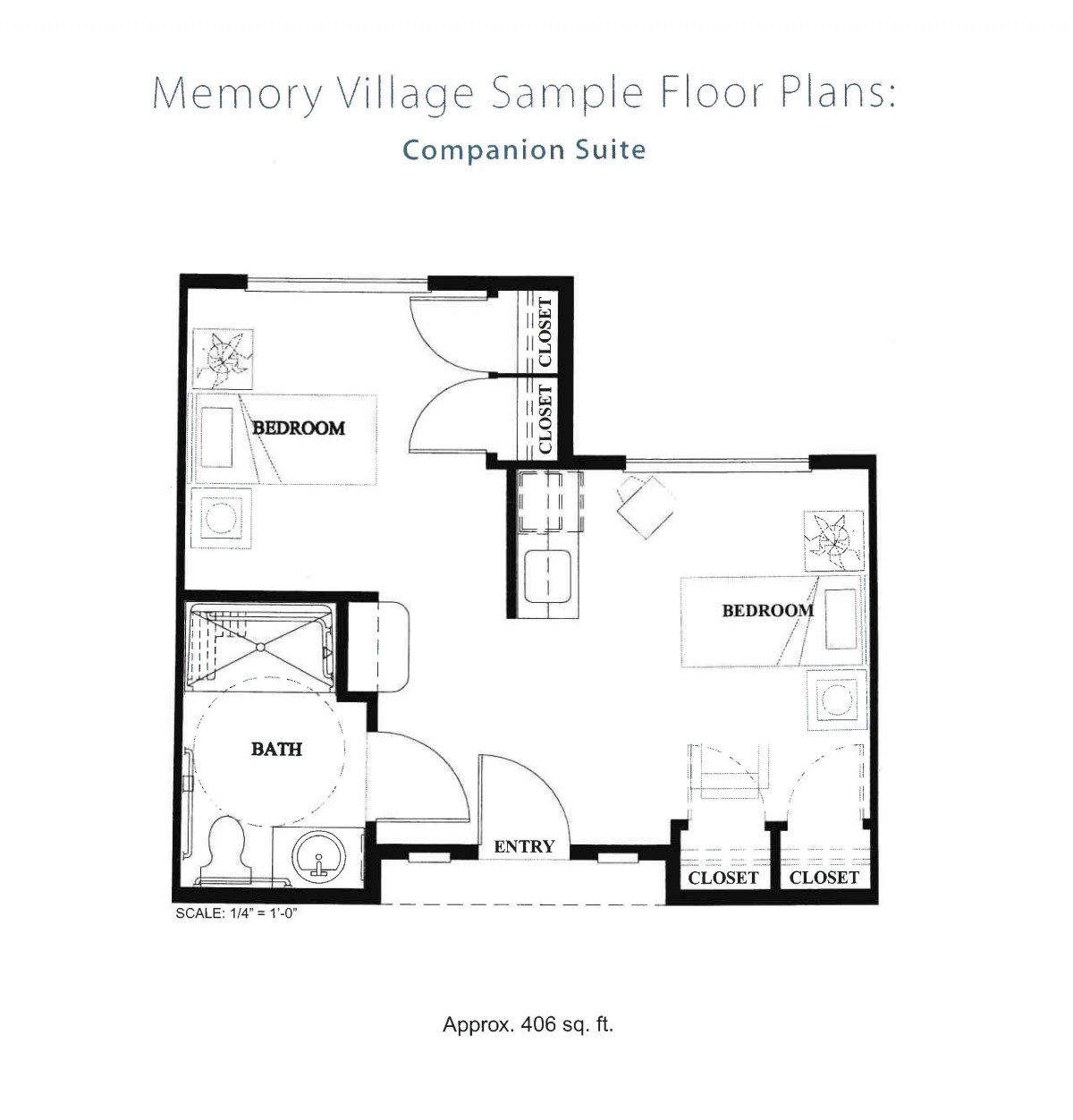 Sample floor plan of a one-bedroom apartment with living room, kitchen, and bathroom.
