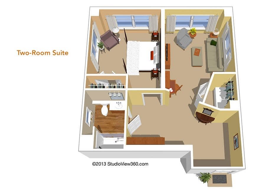 3D floor plan of a one-bedroom suite including living room, bedroom, bathroom, and kitchen area.